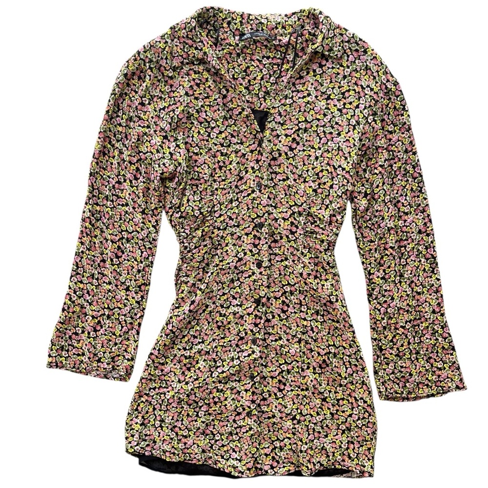 Zara Women’s 0 Pink Green Ditsy Floral Collared Long Sl Button Front Shirt Dress